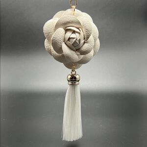 White Camellia Flower Tassel Bag Charm | Keychain | Elegant Purse Accessory
